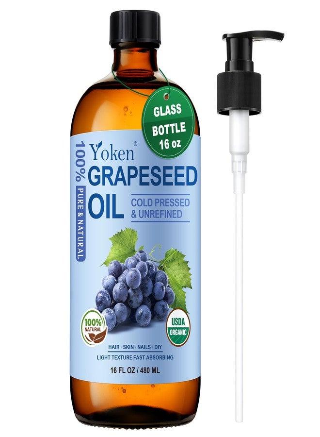 Yoken Organic Grapeseed Oil 16 oz GLASS BOTTLE - USDA 100% Pure & Natural Cold Pressed Grape Seed Carrier Oil for Skin & Hair - Single Ingredient, Hexane Free, Light & Silky Body Moisturizer - Image 1